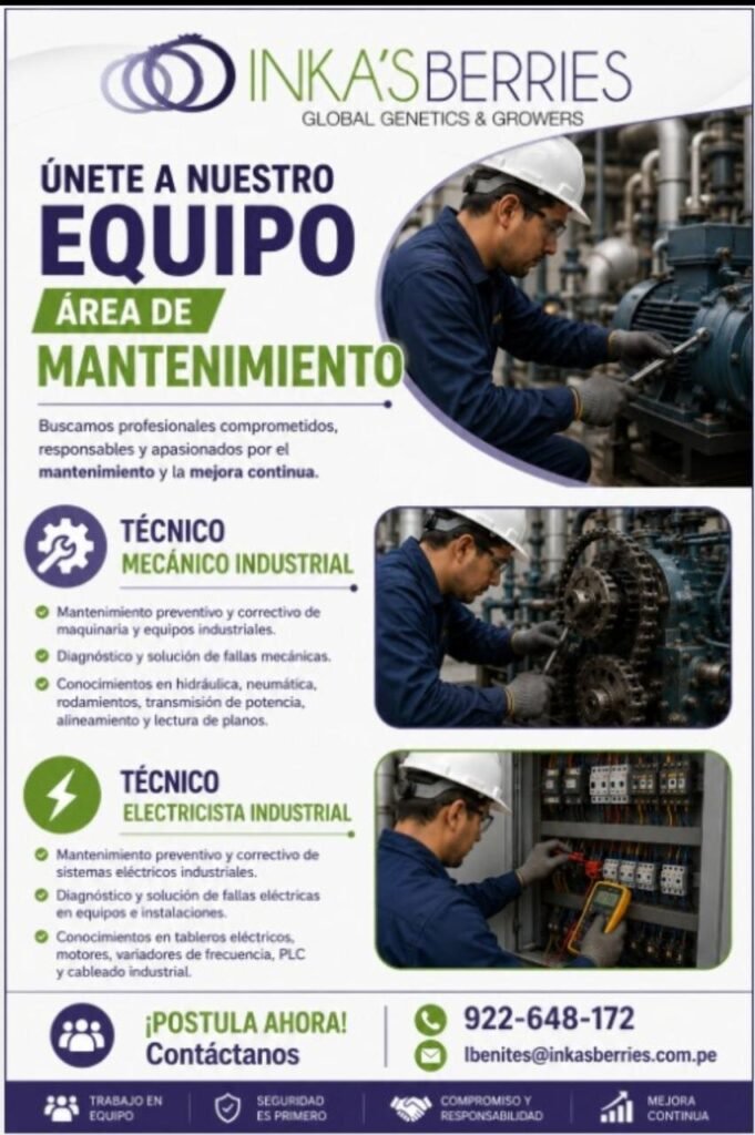 Técnico Mecánico Industrial en Inkas Berries, Perú