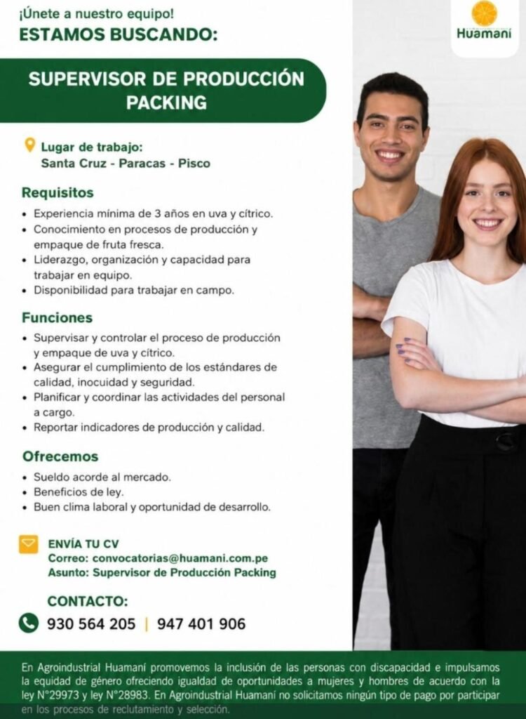 Supervisor de Producción Packing en Santa Cruz – Paracas – Pisco