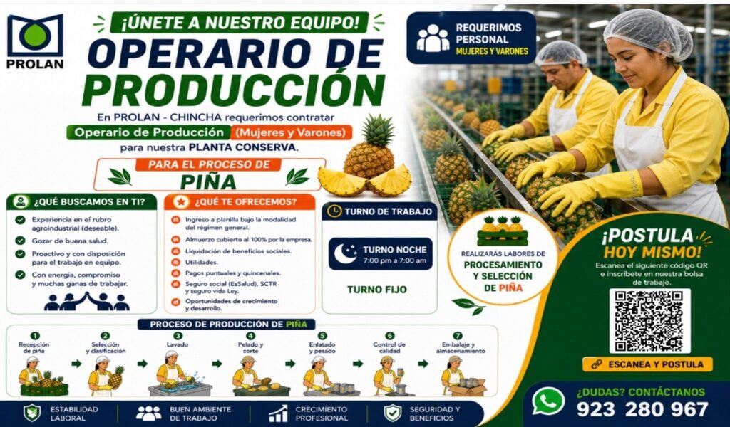 Operarios de Producción para Planta de Conserva en Chincha