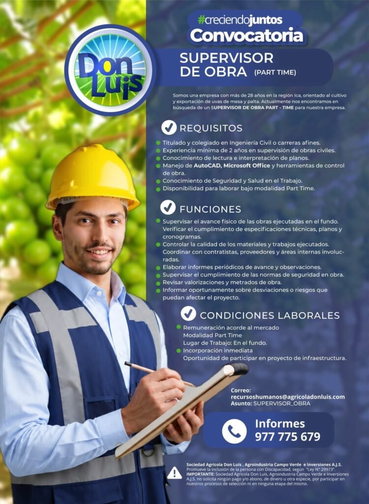 Supervisor de Obra Part Time en Agricola Don Luis en Ica