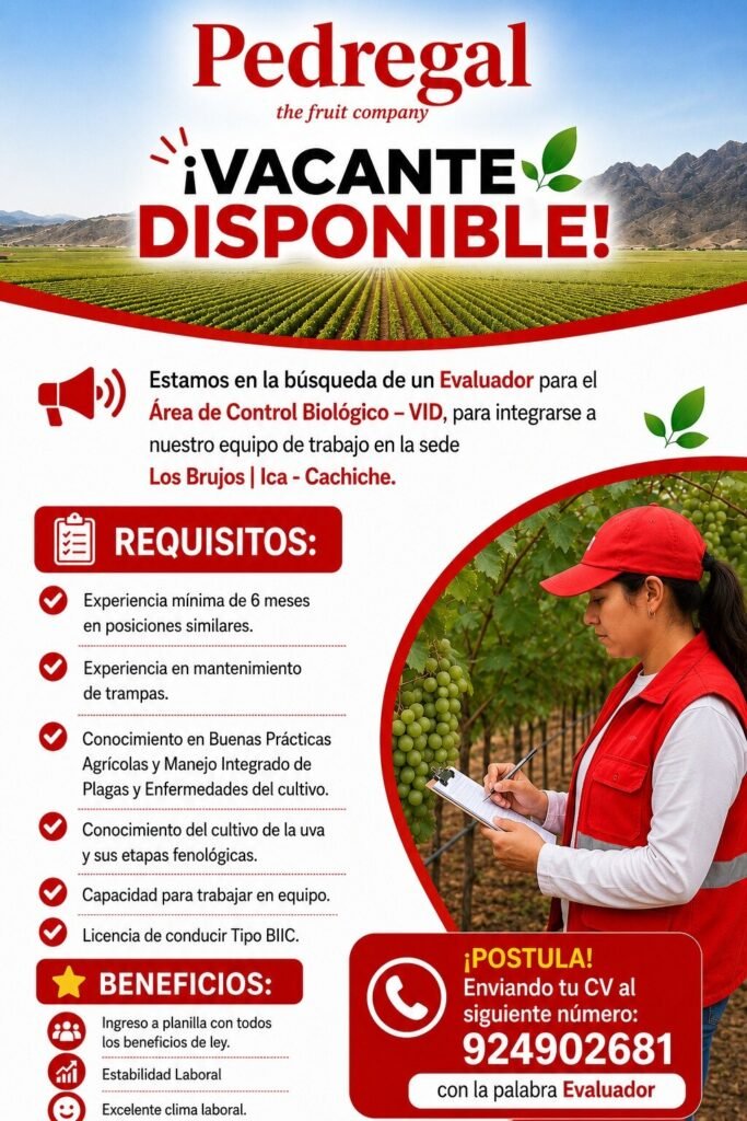 Estamos buscando un evaluador de Control Biológic en VID | Pedregal Yaurilla – Ica
