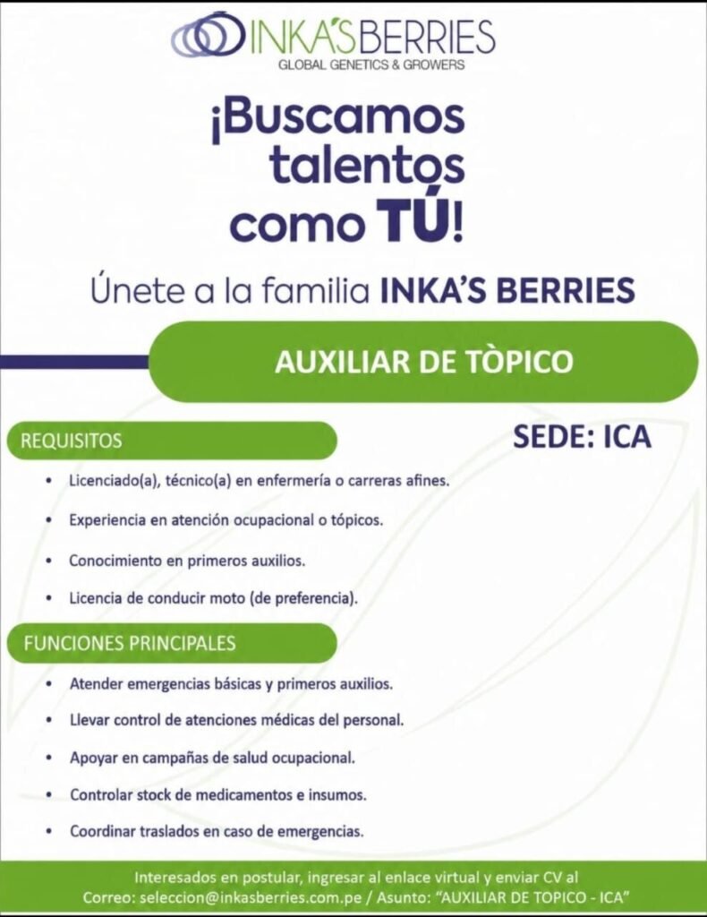 Auxiliar de Tópico en INKAS BERRIES, Ica