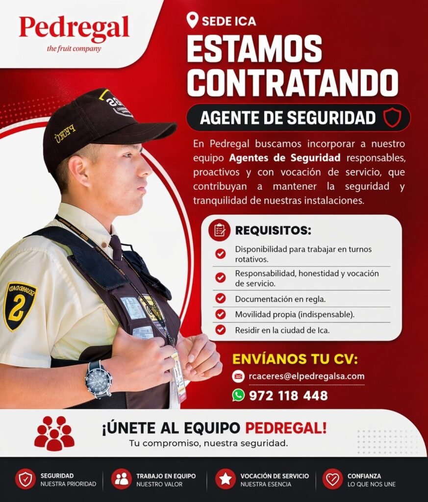 Agente de Seguridad en Empresa Pedregal, Ica