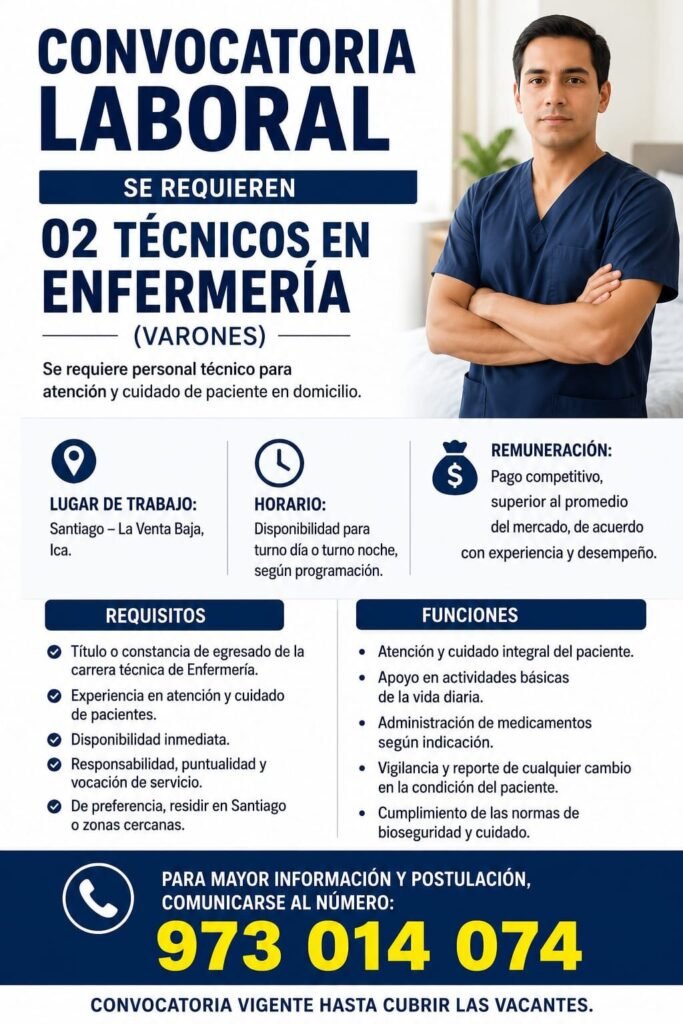 Técnicos en Enfermería para Atención Domiciliaria en Santiago, Ica