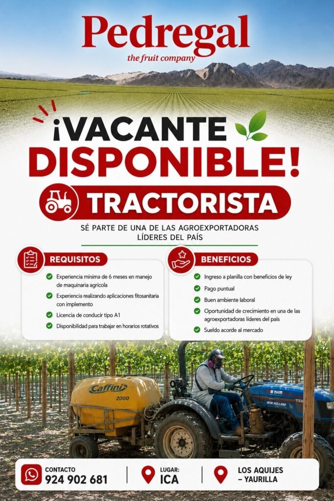 Tractorista para Agroexportadora en Los Aquijes, Ica