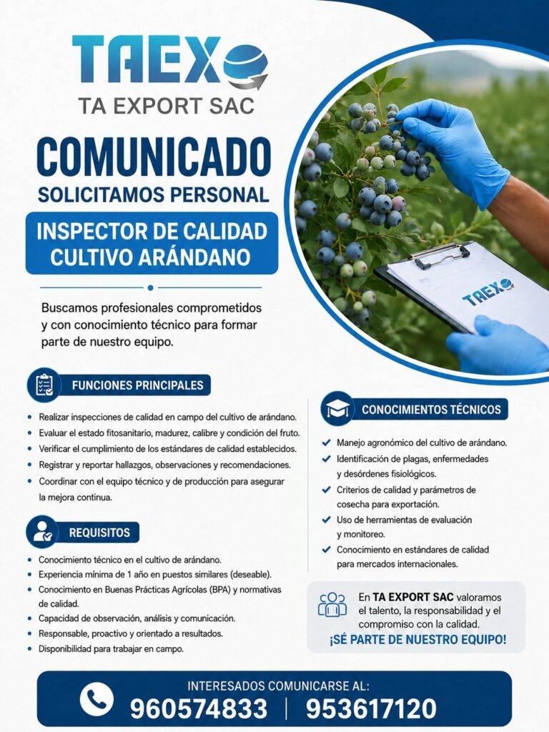Inspector de Calidad para Cultivo de Arándano en Taex