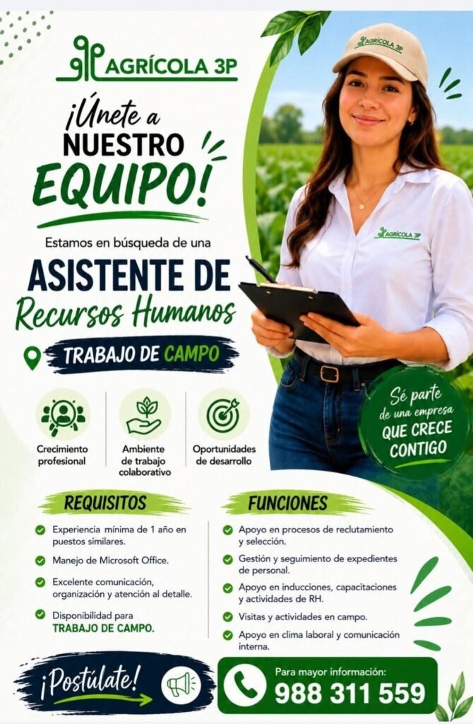 Asistente de Recursos Humanos para agricola 3p