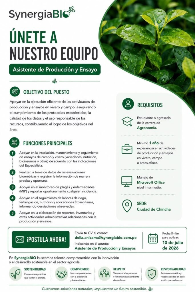 Asistente de Producción y Ensayo en Chincha – Synergiabio