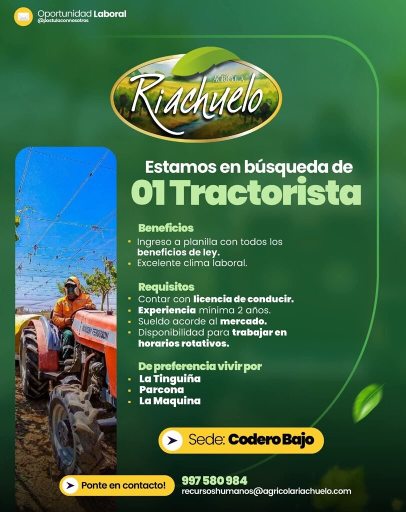 Tractorista en Codero Bajo para Agricola Riachuelo en Ica