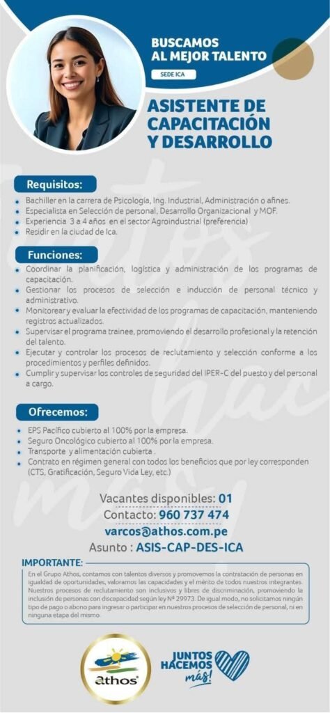 Asistente de Capacitación y Desarrollo en Ica