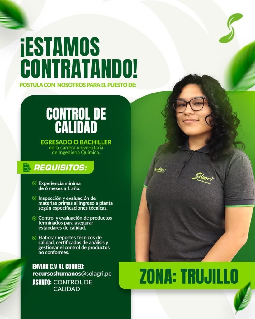 Asistente de Control de Calidad para Solagri en Trujillo