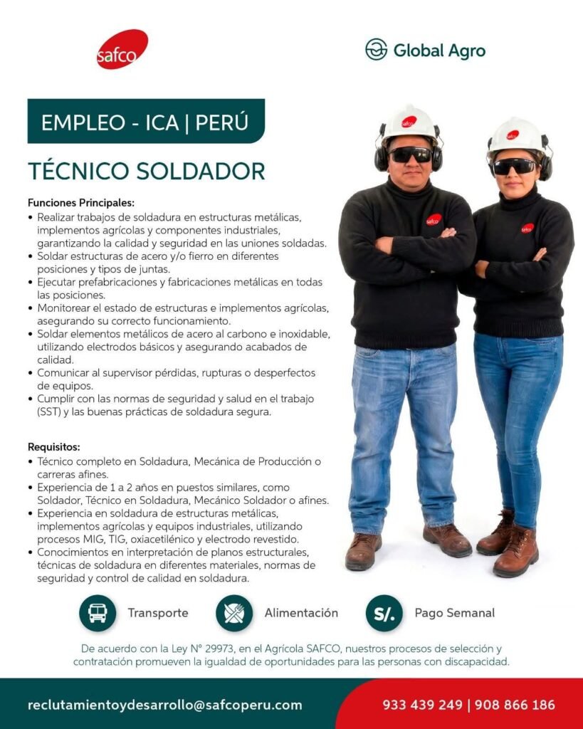 Técnico Soldador en Agrícola Safco, Ica - Imagen 4