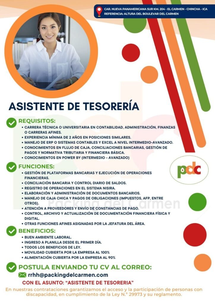 Asistente de Tesorería para Packing del Carmen en Chincha