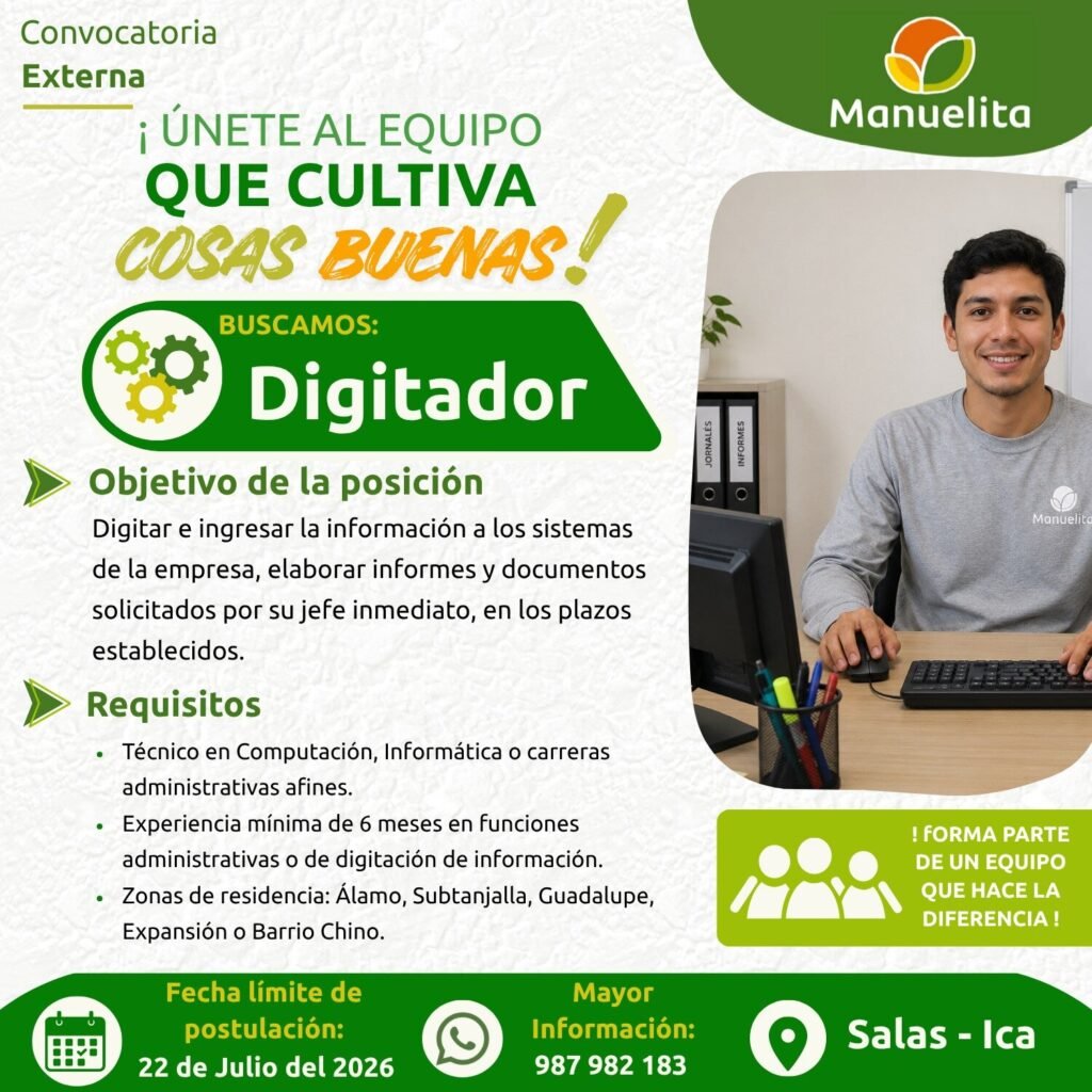 Se requiere un digitador para manuelita en Ica
