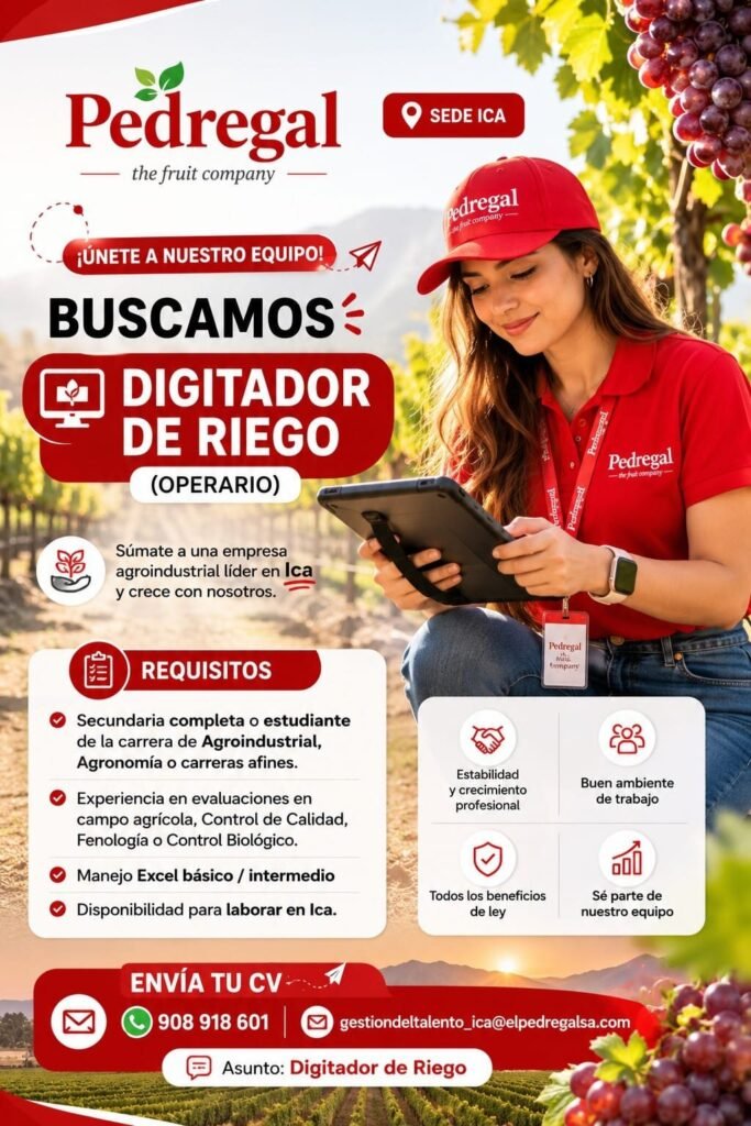 1 Digitador de Riego (Operario) para Pedregal Yaurilla en Ica - Imagen 1