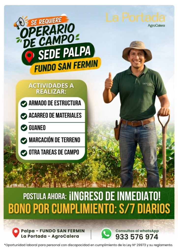 Trabajo en Palpa: Operario de Campo – Fundo San Fermín | La Portada AgroCalera - Imagen 1
