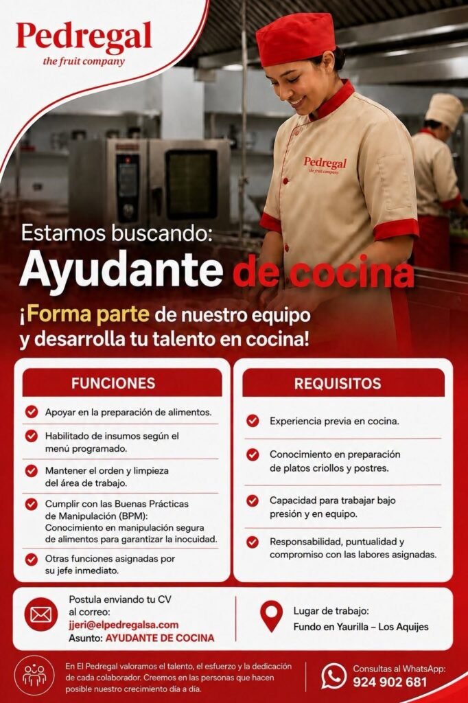 Ayudante para cocinero en Pedregal Ica