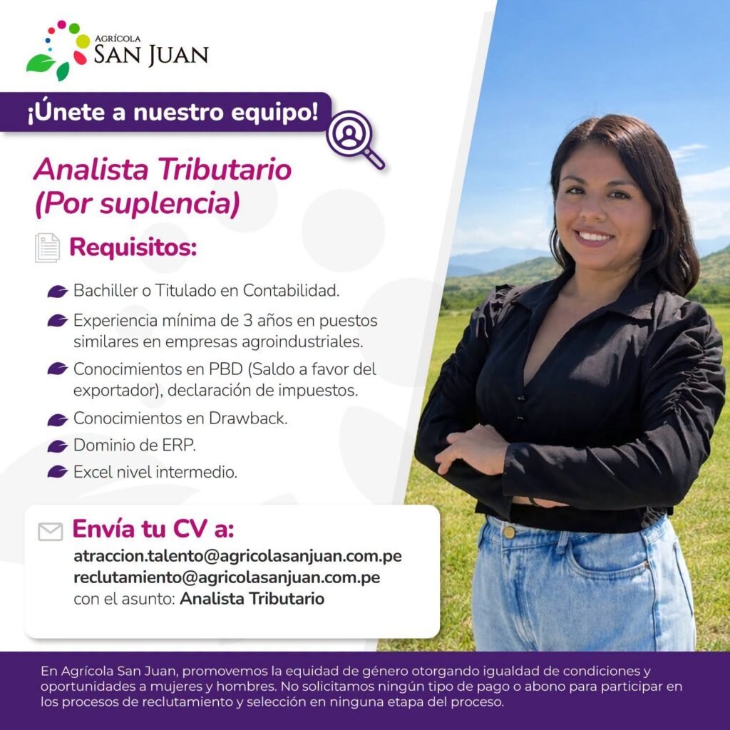 Analista Trubutario por Suplencia en Agricola San Juan - Imagen 1