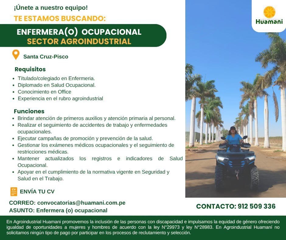 Enfermera(o) Ocupacional en Agroindustrial Huamani - Pisco - Imagen 1