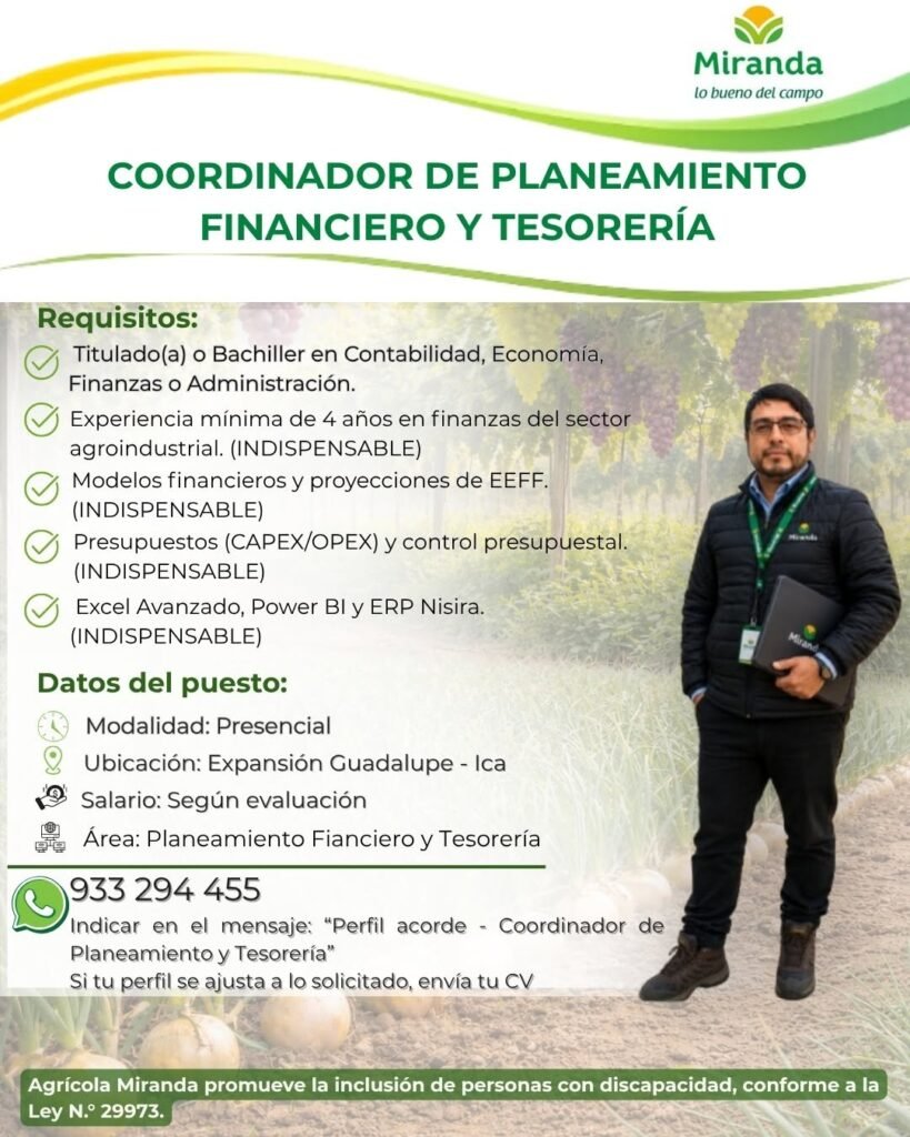 Coordinador de Planeamiento Financiero y Tesorería en agricola Miranda - Imagen 1