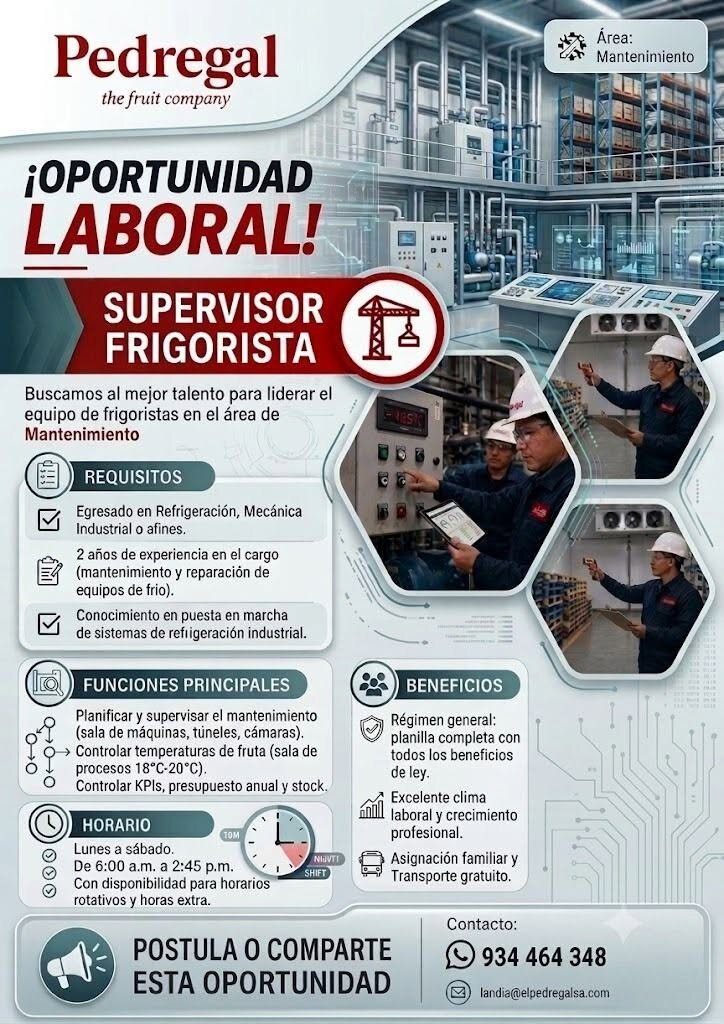 Supervisor Frigorista para Pedregal – Ica