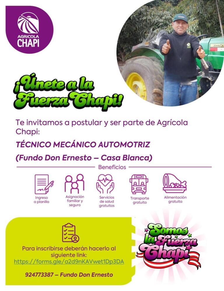 Técnico Mecánico Automotriz para agricola Chapi