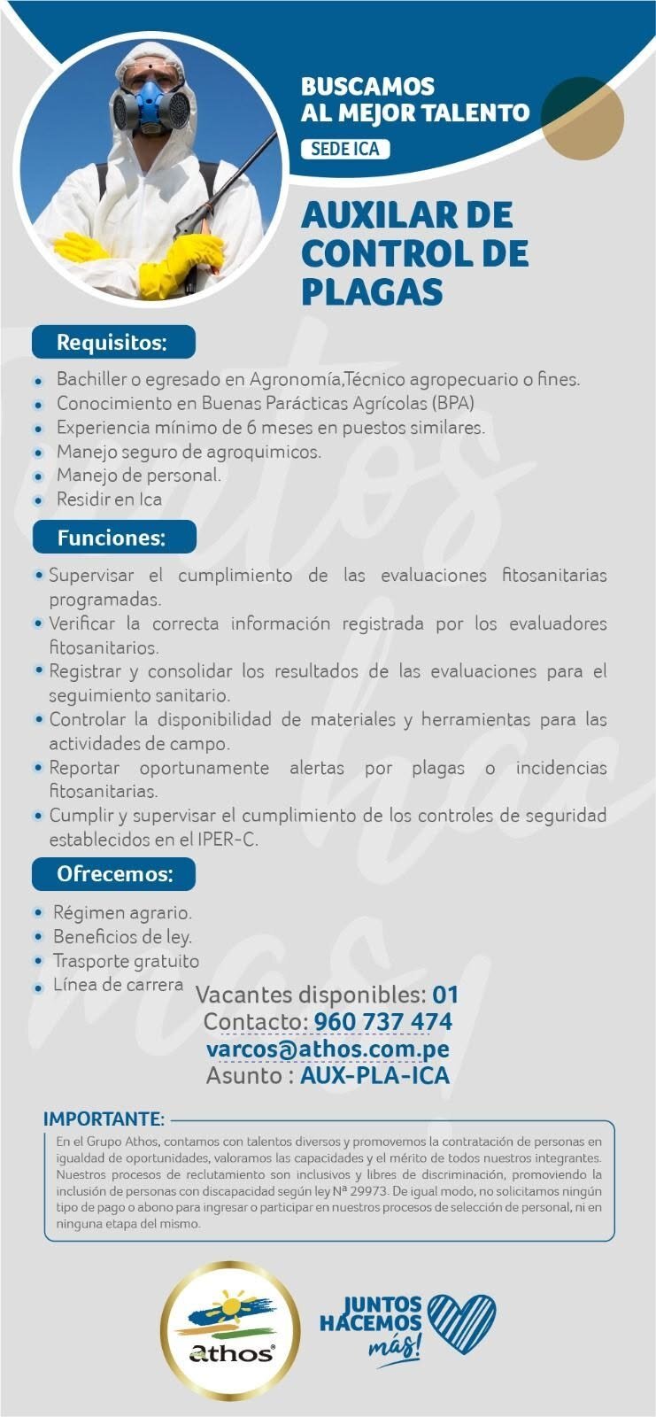 Auxiliar de Control de Plagas en Athos – Ica