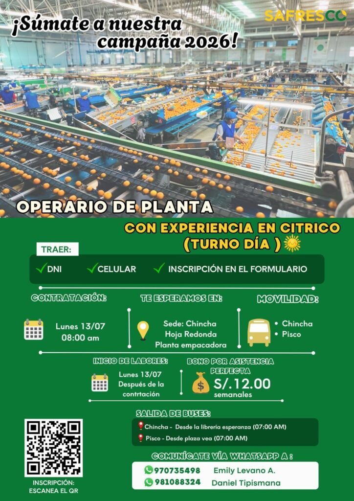 Se requiere operarios de packing en Safresco Chincha