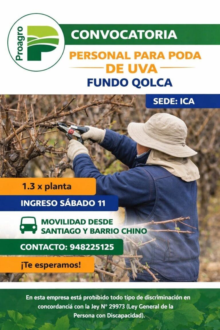 Proagro te invita a formar parte de nuestro equipo en poda Fundo Qolca – Sede Ica