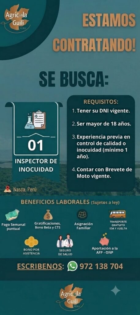 Agricola Guilli requiere 1 inspector de inocuidad y 3 tractoristas - Imagen 1