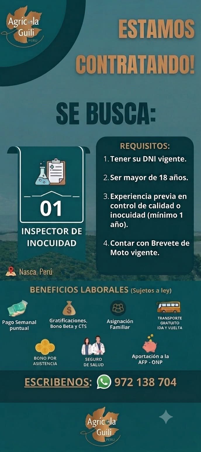 Agricola Guilli requiere 1 inspector de inocuidad y 3 tractoristas
