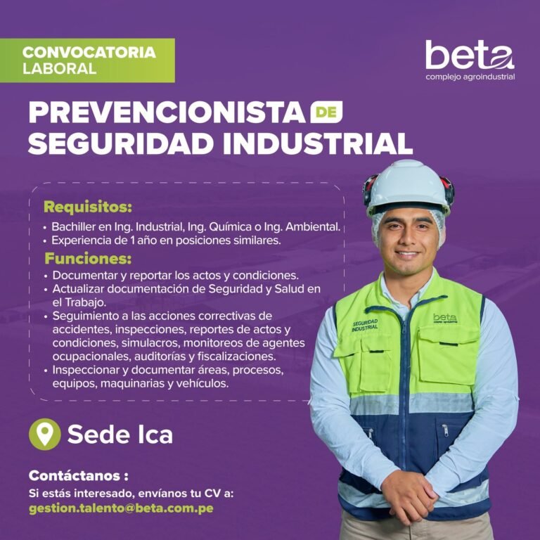 Prevencionista de Seguridad Industrial para Complejo Agroindustrial Beta