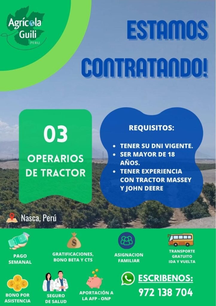 Agricola Guilli requiere 1 inspector de inocuidad y 3 tractoristas - Imagen 2