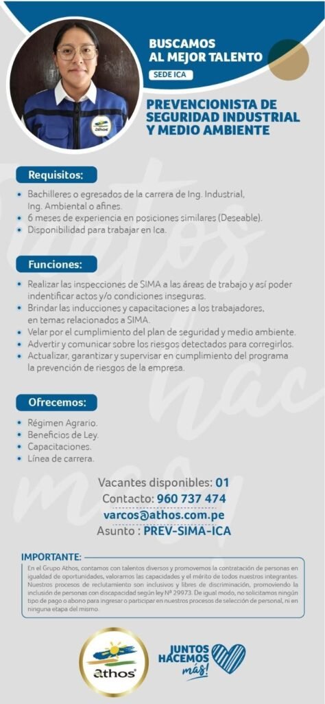 Prevencionista de Seguridad Industrial y Medio Ambiente en Grupo Athos