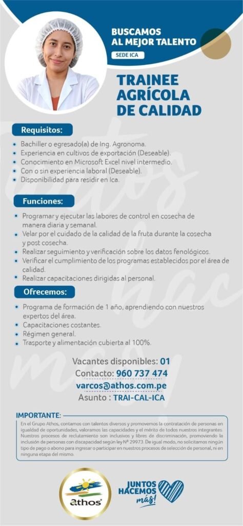 Trainee Agrícola de Calidad en Grupo Athos