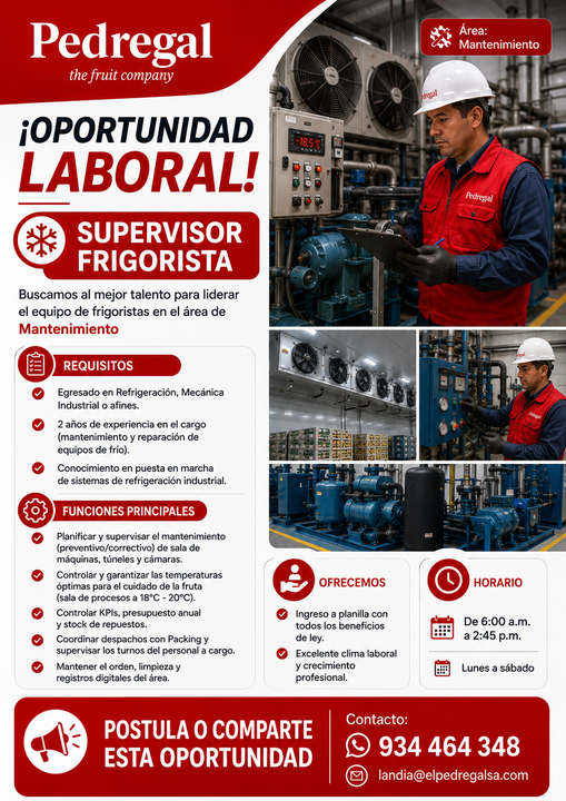 Se requiere un supervisor Frigorista en el Pedregal – Ica