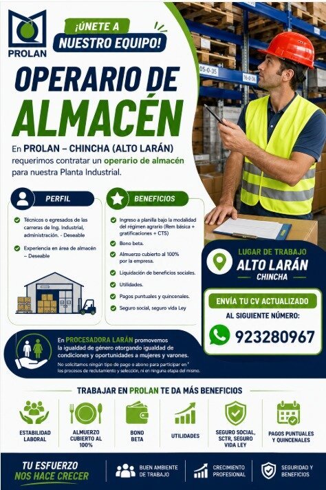Operario de almacen en Prolan – Chincha