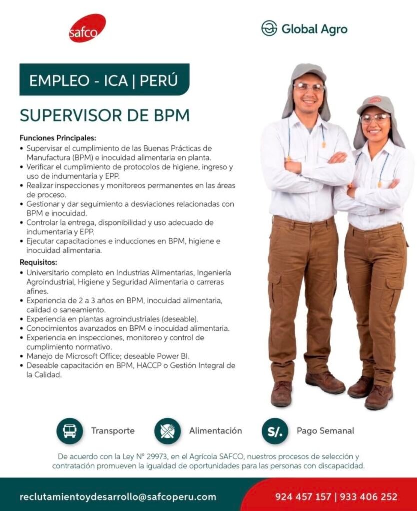 Oportunidades laborales en agricola Safco – Ica