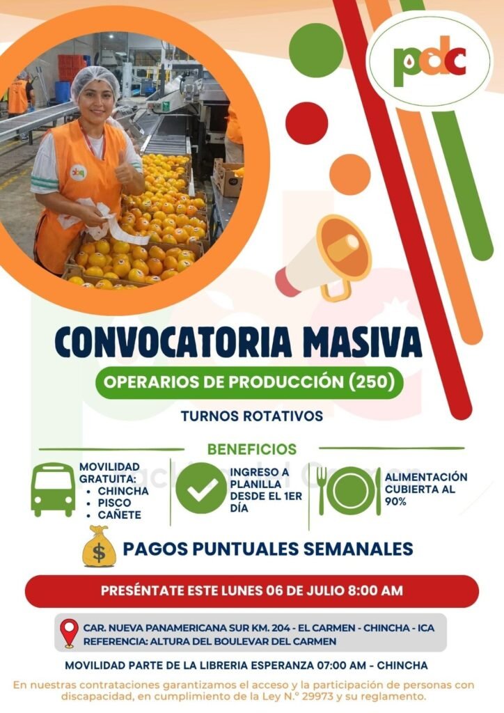 250 operarios de produccion en packing del carmen – Chincha