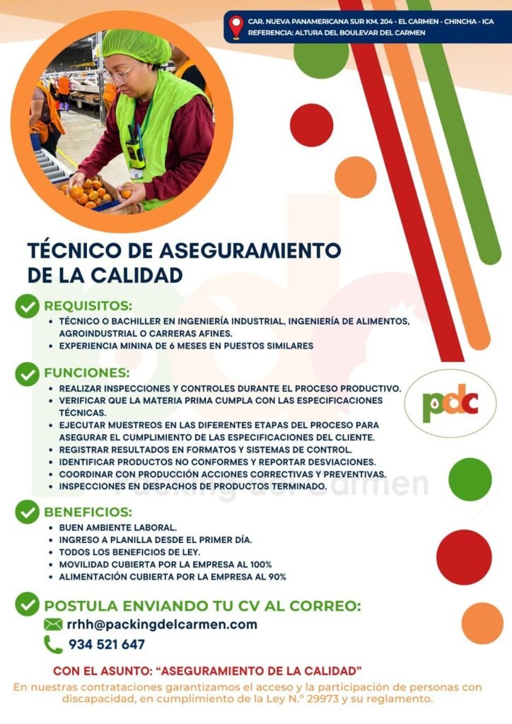 Tecnico de aseguramiento de calidad en Packing del carmen