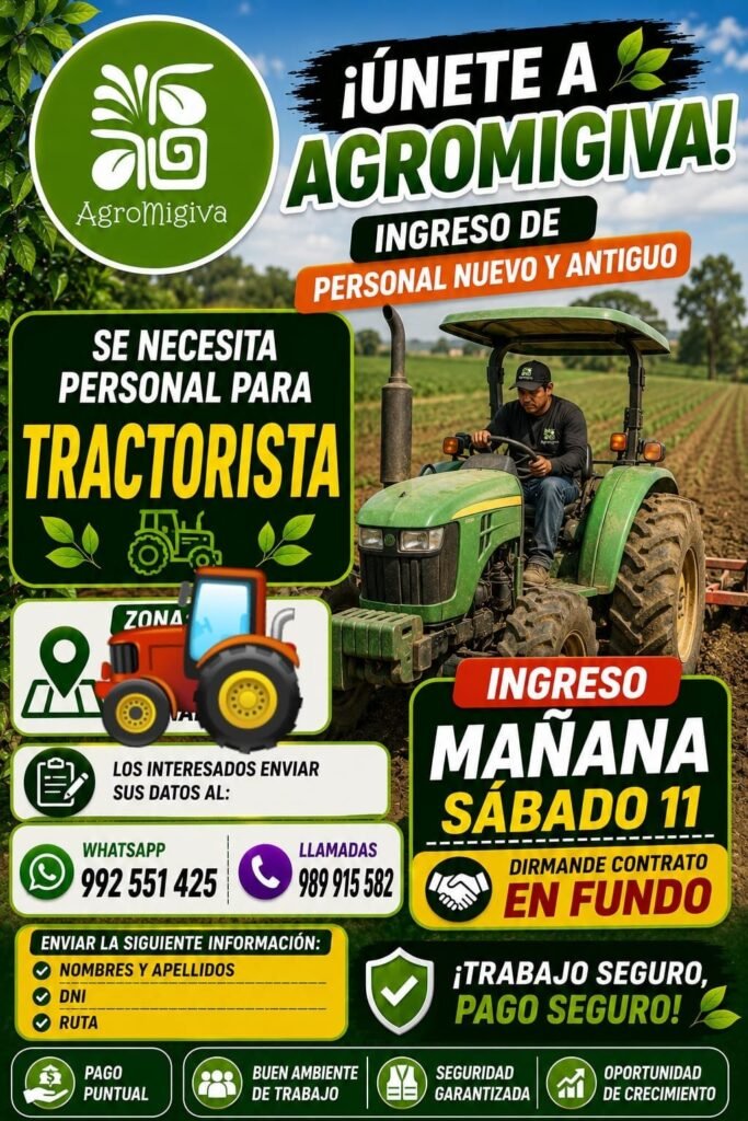 Se requiere un tractorista en Pisco - Imagen 1