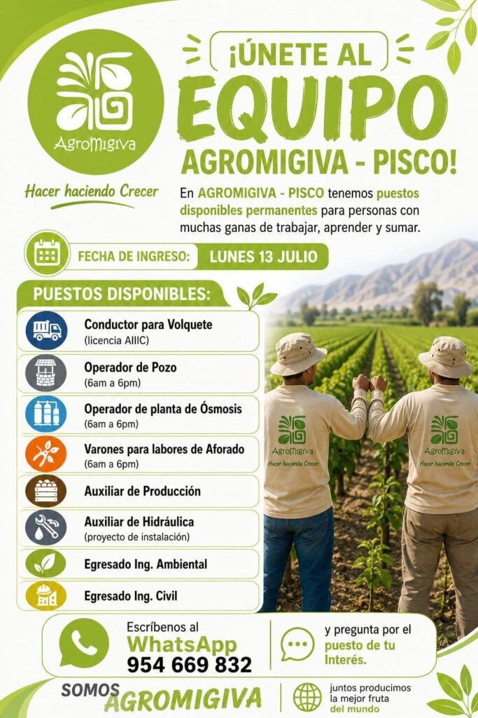 Mas de 10 Oportunidades laborales en Agromigiva - Pisco - Imagen 1