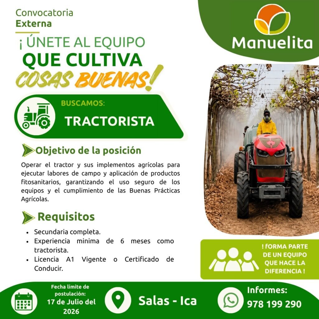 SE requiere un tractorista para Manuelita - Ica - Imagen 1