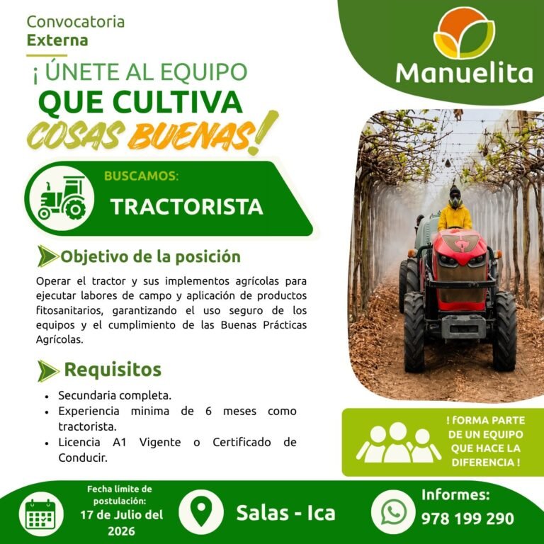 SE requiere un tractorista para Manuelita – Ica