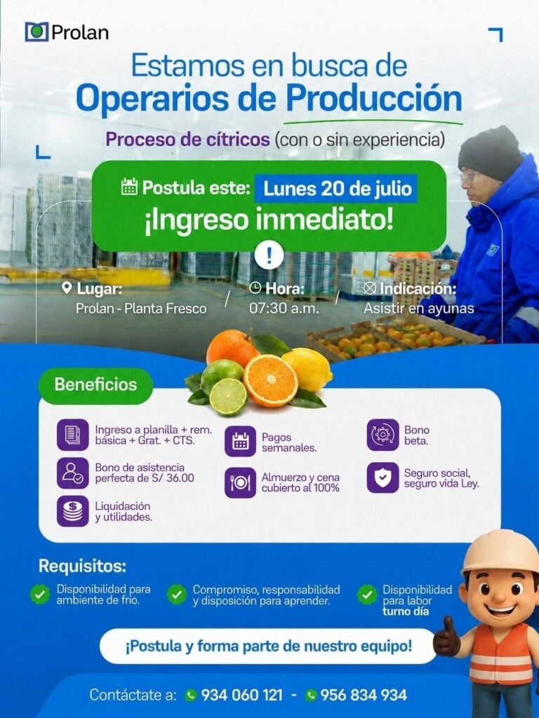 Se requiere operarios de packing en Prolan