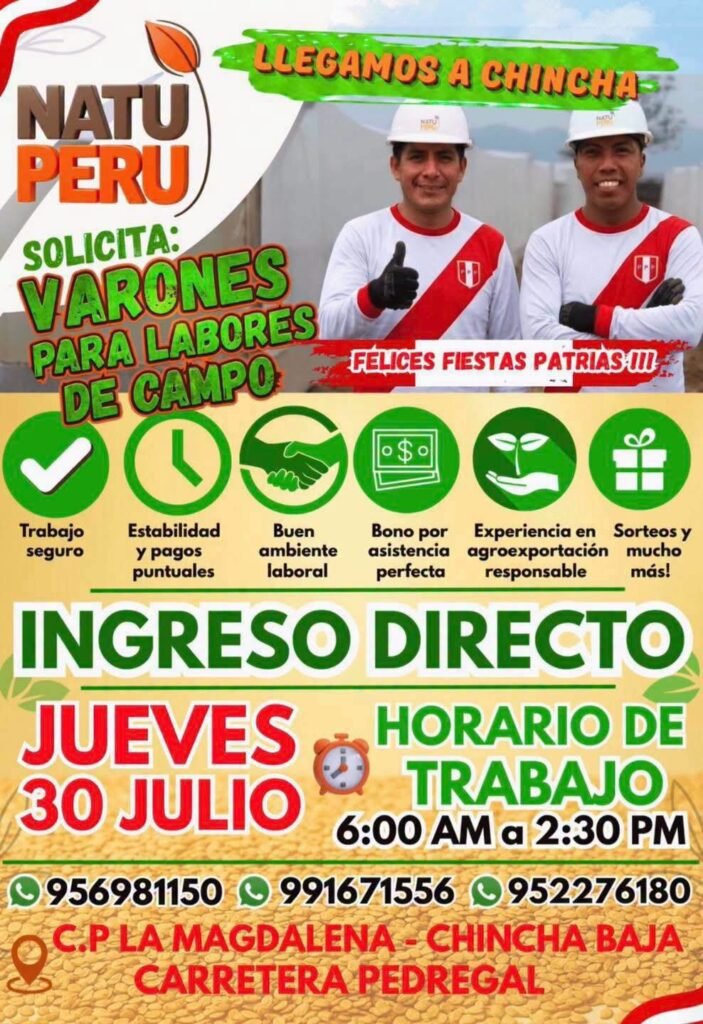 Se requiere personal masculino para labores de campo en Natu Peru - Chincha - Imagen 1