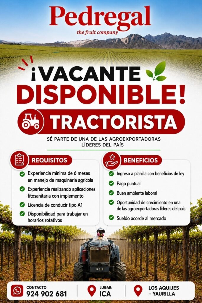 Tractorista para Pedregal Ica en Yaurilla - Ica - Imagen 1