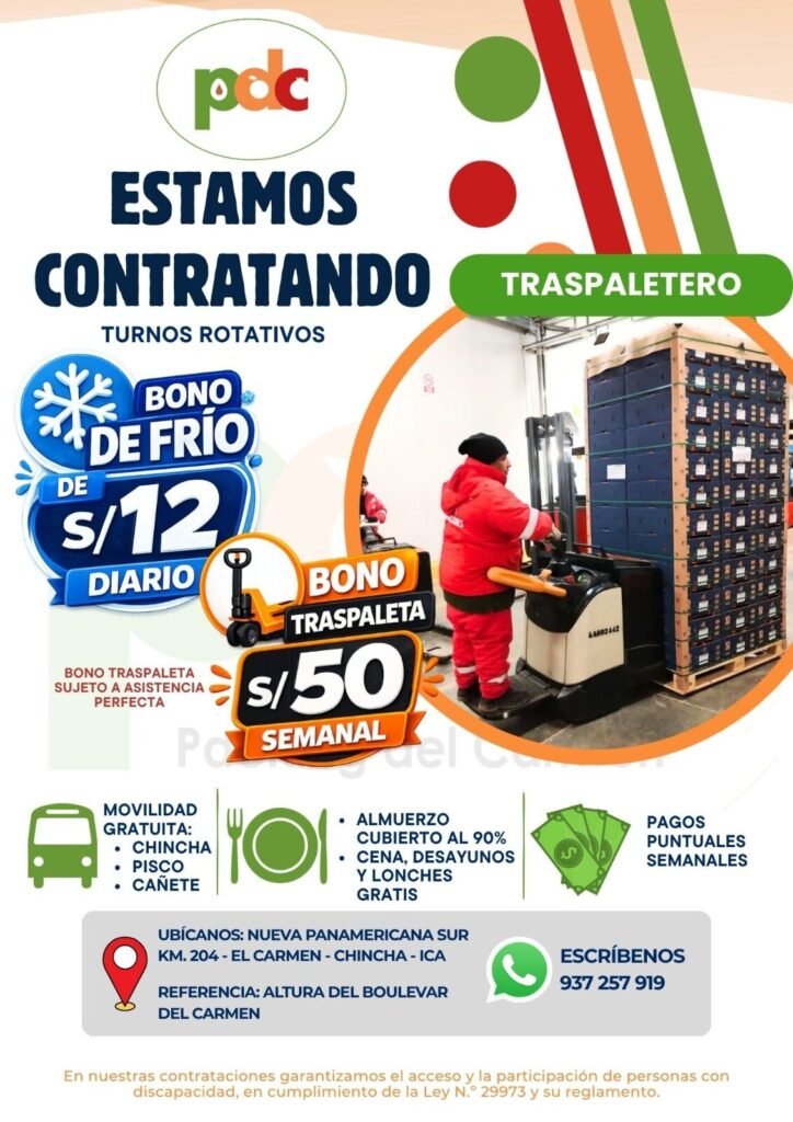 Se requiere 4 traspaleteros en Packing del Carmen – Chincha