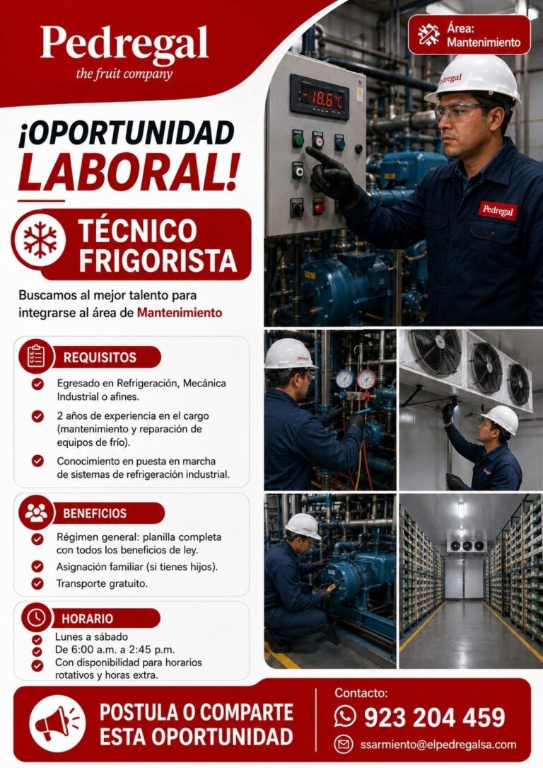 Técnico Frigorista en el area de mantenimiento – Pedregal Ica