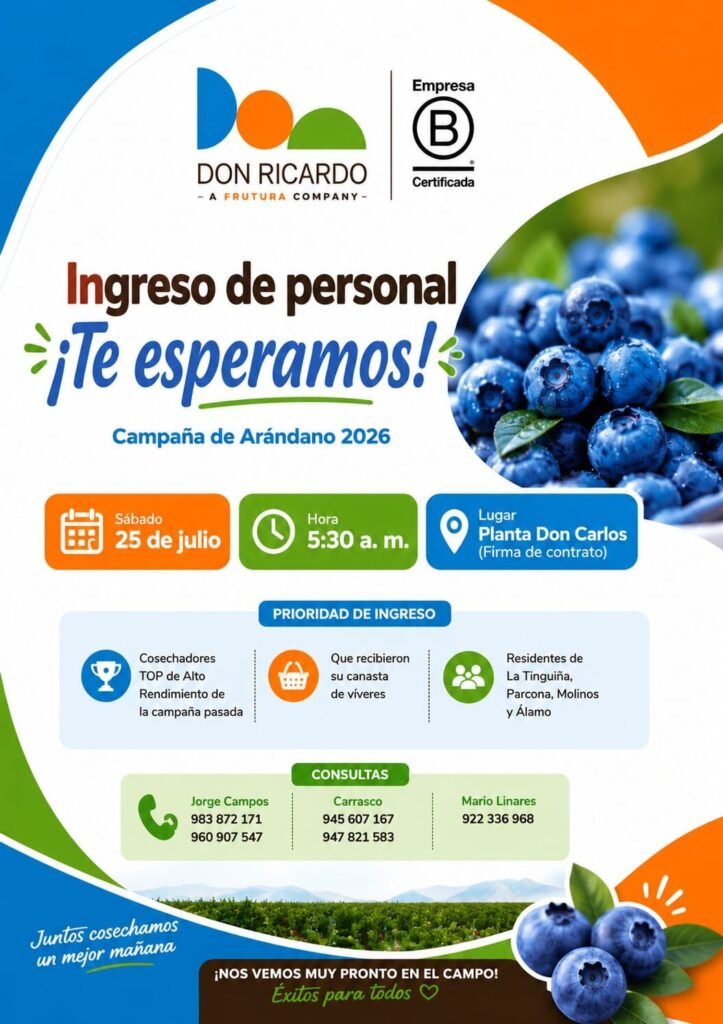 Cosechadores para Campaña de Arándano en Agricola Don Ricardo